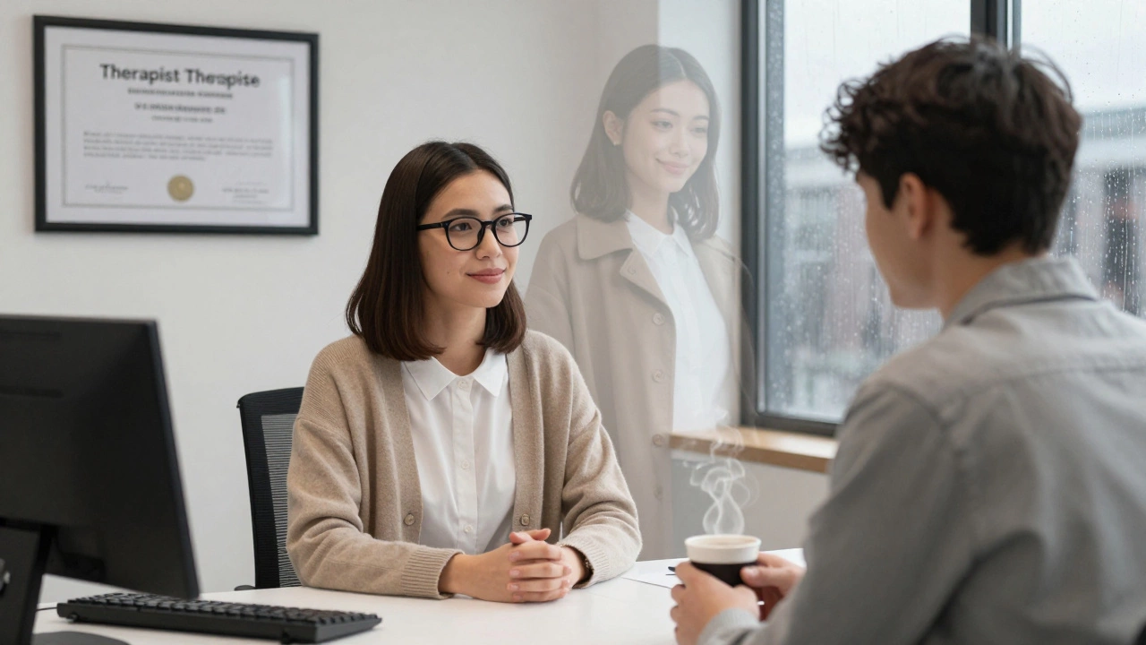 A therapist sits with a hesitant client, her past self reflected in the mirror as rain falls outside.