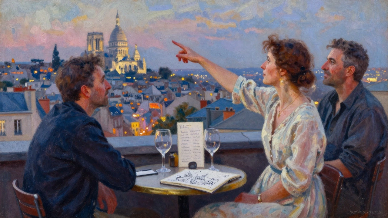 A woman pointing at Paris skyline from a rooftop bar, man listening intently, soft twilight lighting.