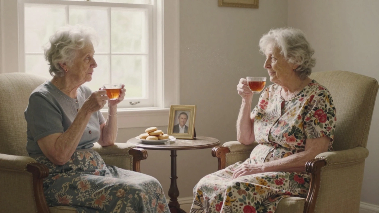 An elderly woman and a younger woman share quiet tea in sunlight, no words needed, just presence.